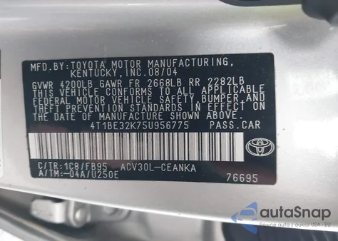 2005 Toyota Camry Le z USA, uszkodzony, nr VIN 4T1BE32K75U956775